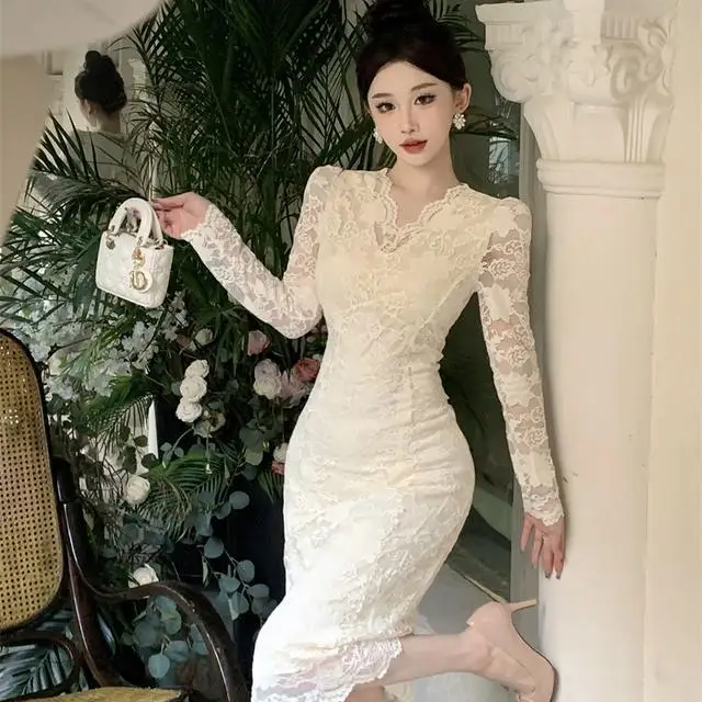 

Вязаное кружевное платье, женское элегантное вечернее платье на осень-зиму с v-образным вырезом, сексуальное тонкое облегающее платье с длинными рукавами, винтажное C123