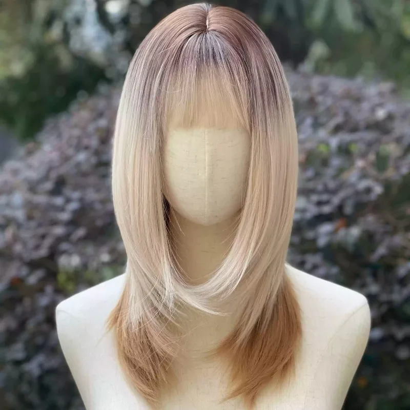 Layered Medium Wig Brown Root Platinum Coffee Ombre with Bangs High Temperature Fiber Wig for Women Daily Wear Cosplay Party