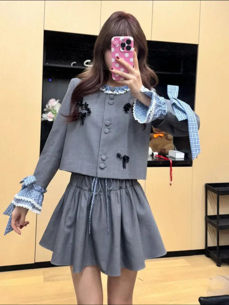 

Autumn Chic Bow Loose Long Sleeves Blazer + Drawstring Elastic Waist Mini Skirt Korean 2 Pcs Sets Women Outifits Y2k Suits