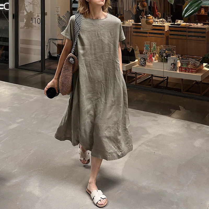 

Spring Summer New Women's High-End Loose Fit Pure Linen ort Sve Dr Ele Drapey Sle plus Size Casual Ciwalk Dr