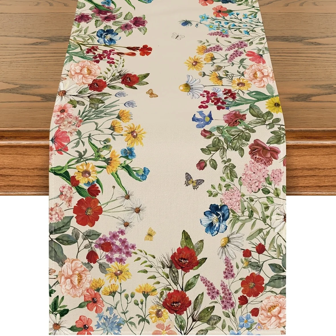 1 Piece of Pastoral Watercolor Floral Table Runner, Light Background Painted with Colorful Wildflowers and Butterfly Patterns, Suitable for Garden Parties, Pastoral B&Bs, Literary Tea Breaks, Wedding Arrangements, Handmade Markets, Cafe Decorations, Home Soft Furnishings, and Girlfriends' Parties