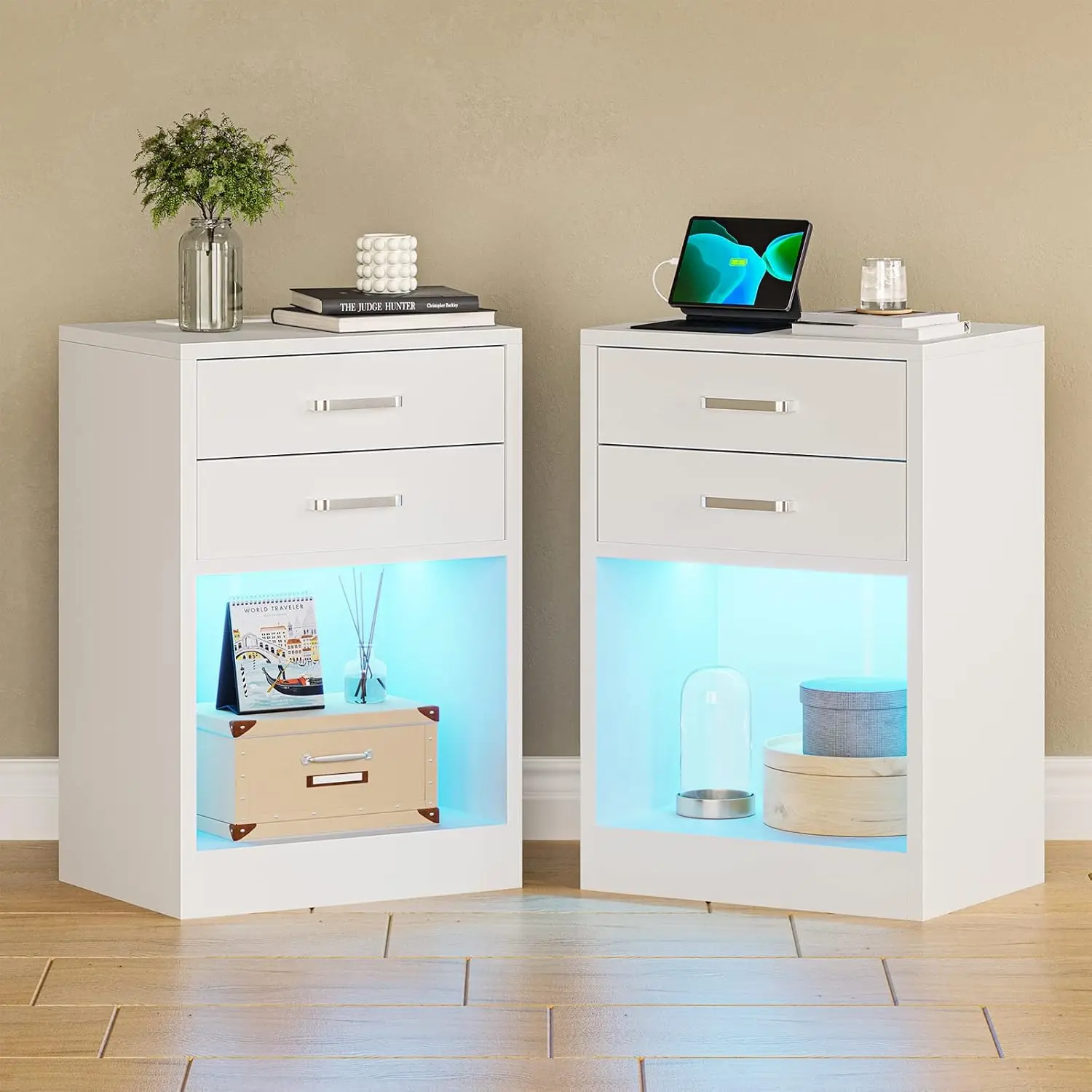 Conjunto de 2 mesinhas de cabeceira LED, conjunto de 2 mesinhas de cabeceira para quartos, mesa de cabeceira com estação de carregamento e luzes LED, mesa de cabeceira branca