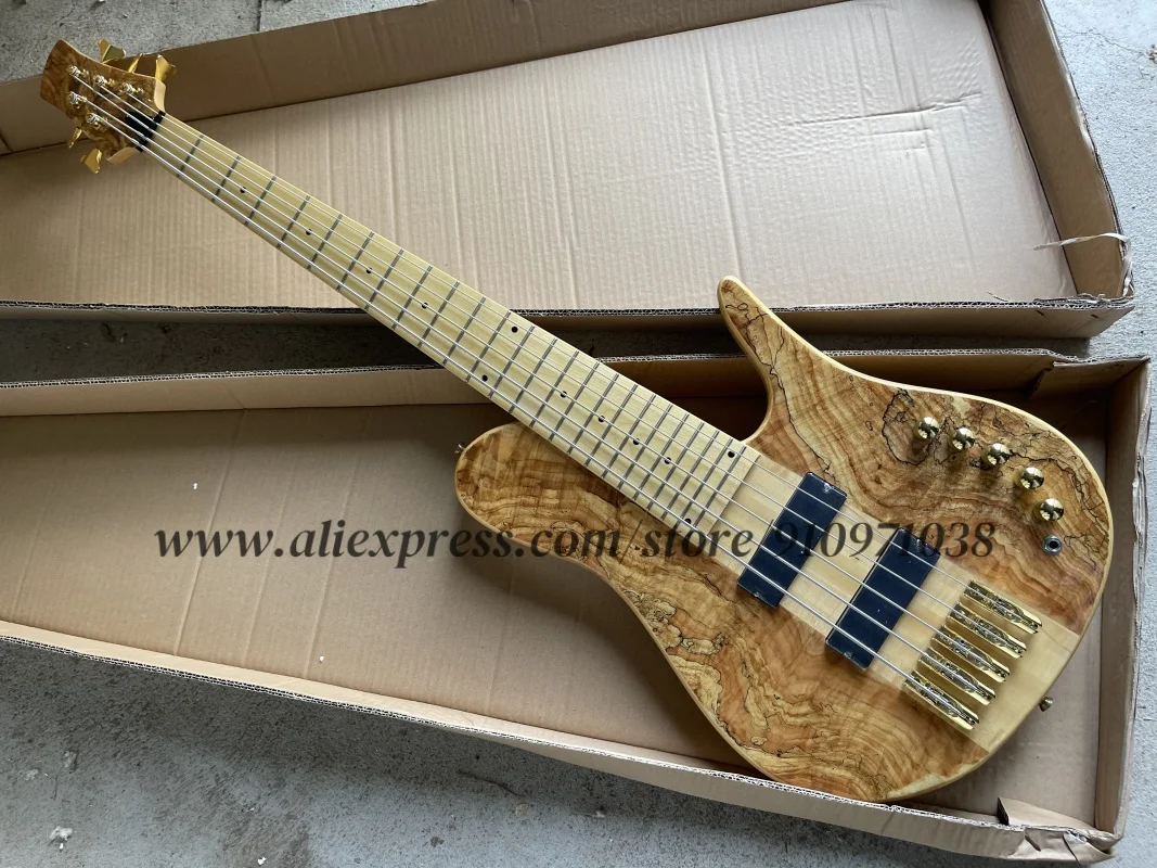 

5-струнный натуральный бас, золотой фиксированный бридж, кленовый гриф через корпус из ясеня, верх из клена Burl, настраиваемый