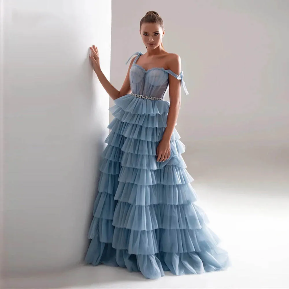 

Ruffle Long Tulle Evening Dresses Sky Blue Beading Belt Sweetheart Spaghetti Straps Tiered A Line Formal Prom Gowns