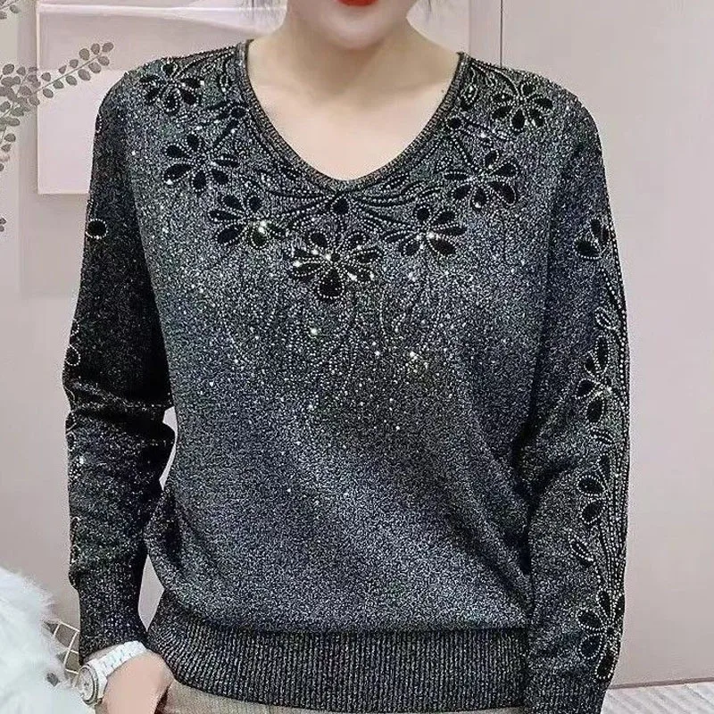 Spring Autumn New V-neck Long Sleeve Sweater Women High Street Rhinestone Patchwork Pullovers Screw Thread Solid Color Y2K Tops