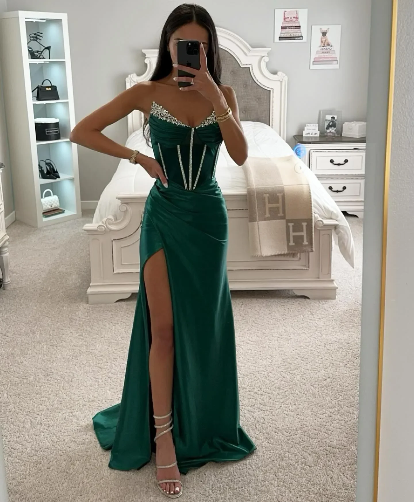 Emerald Green Prom Dress Beaded Strapless Formal Evening Dresses Elegant Pleats Party Gowns For Special Occasions Thigh Split