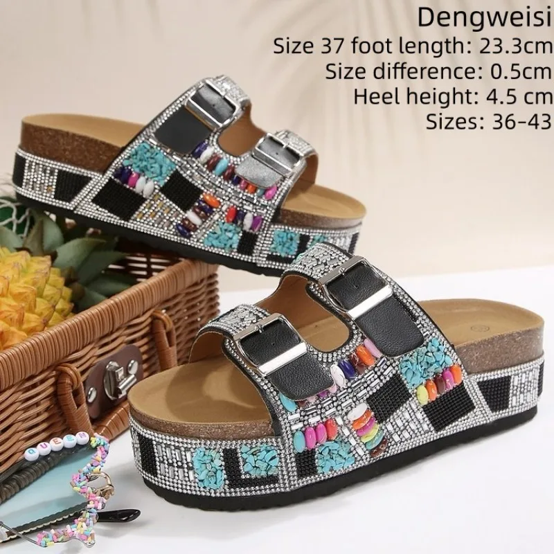 

Fashion Platform Wedge Women's Sandals Rhinestone Double Buckle Beach Women's Slippers Bohemian Woman's Shoes Босоножки Женские