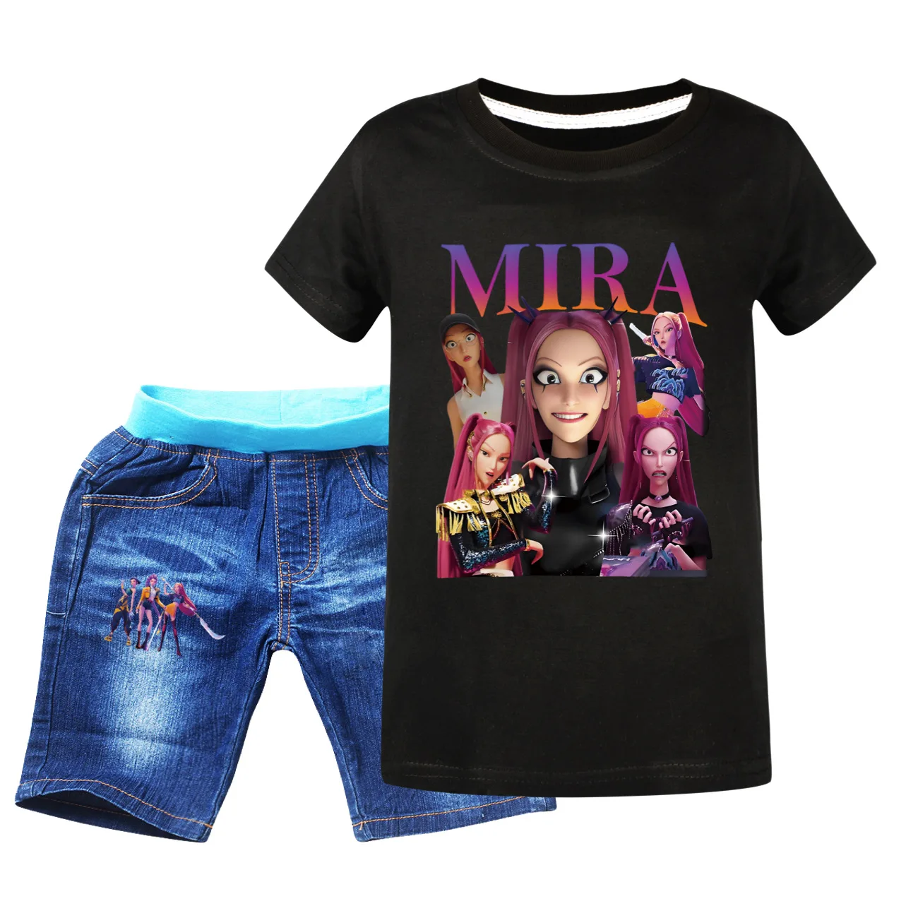 

Детский спортивный костюм KPop Demon Hunters Mira, футболка с милым рисунком, джинсовые шорты, комплект для мальчиков и девочек-подростков, летняя одежда