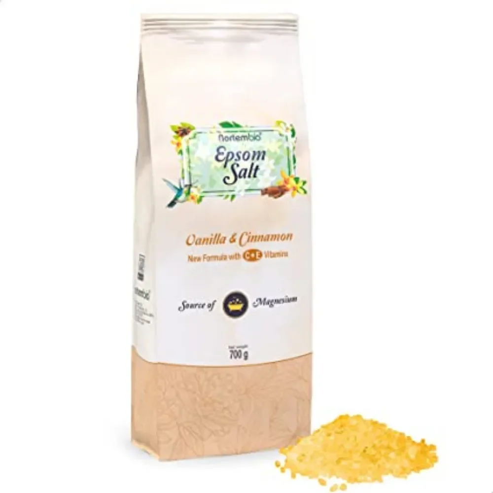 NORTEMBIO Sales de Epsom 100% Fragancia Vainilla y Canela 700g | Fuente concentrada de magnesio | Hidratada con Vitamina C y E | E-Book Incluido