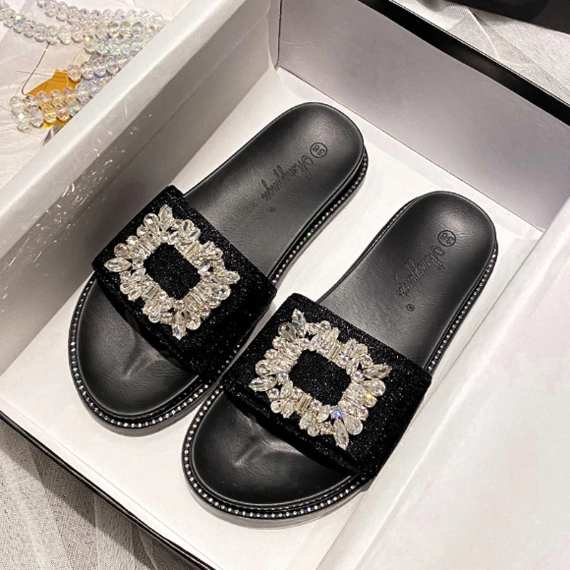 Zapatillas con hebilla de cristal para mujer, chanclas informales con purpurina para exterior y hogar, Sandalias planas sin cordones, talla grande 34-43