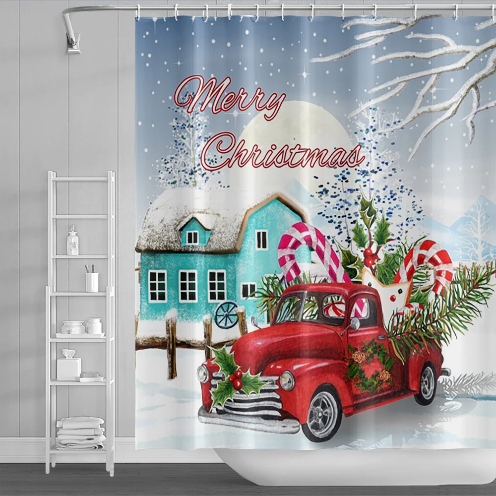 

Xmas Merry Red Truck Shower Curtain Cottage with a Snowman Christmas Tree Pine Branches Vintage Car Bathroom Bath Curtains Decor