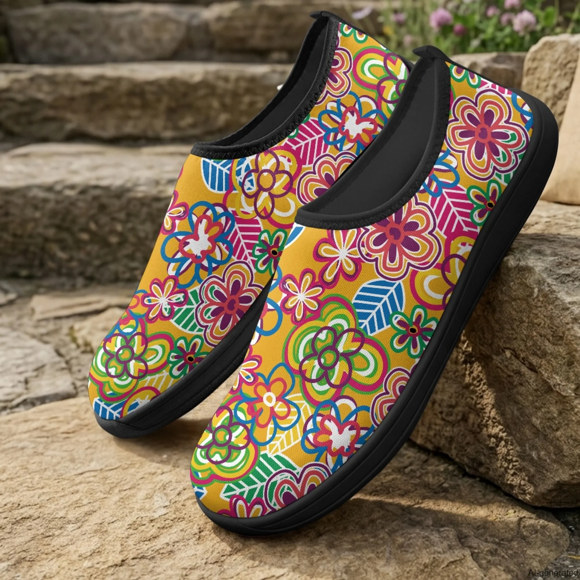 XIXIRIMIDO Slip-on Wide-toed Shoes Men's Breathable Mesh Shoes Hippie Flower Print Womens Fashion Sneakers Walking Shoes 36-46