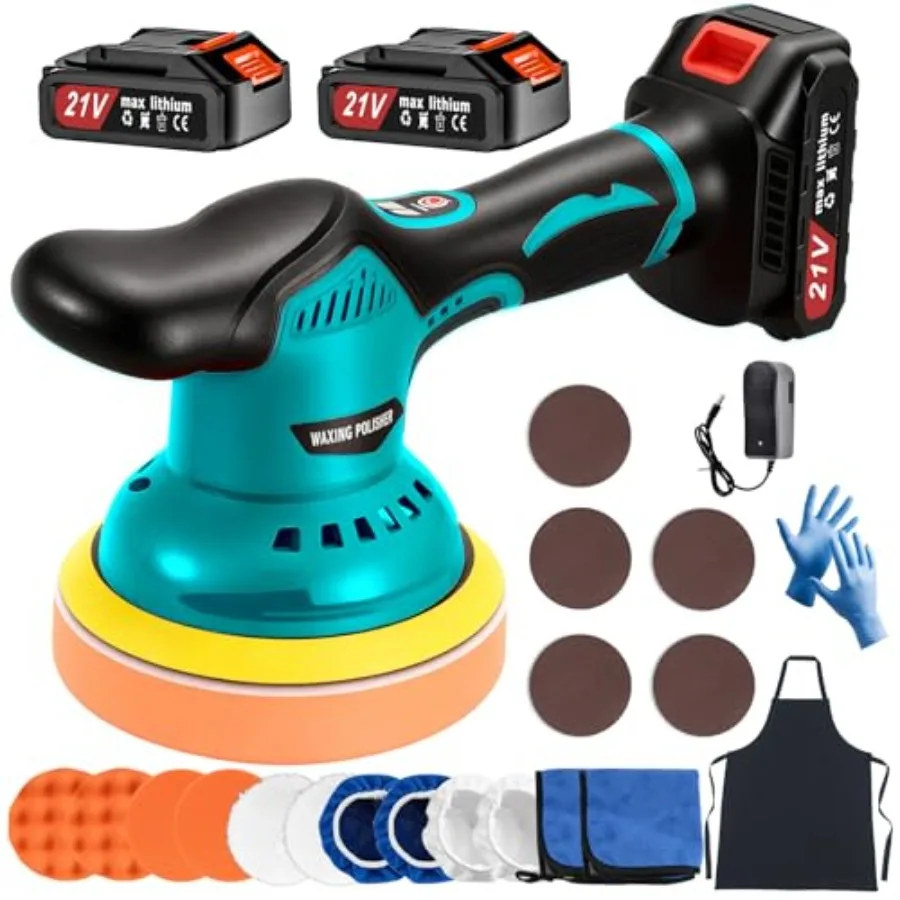 

Cordless Car Buffer Polisher Kit with 2x21V Batteries 6 Inch Car Polisher with 8 Variable Speed Max 6000RPM and 21 PCS Attachme