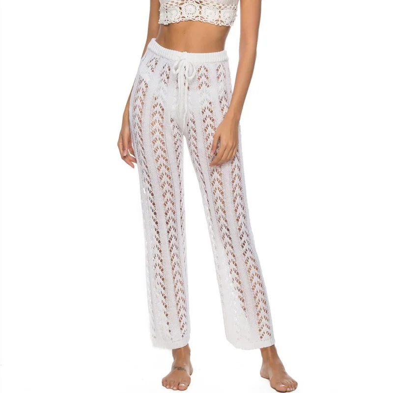 Sexy Knitted Beach Wear Women Pants Hollow Out See Through High Waist Drawstring Straight Pants Beach Style Bikini Cover Up 2025