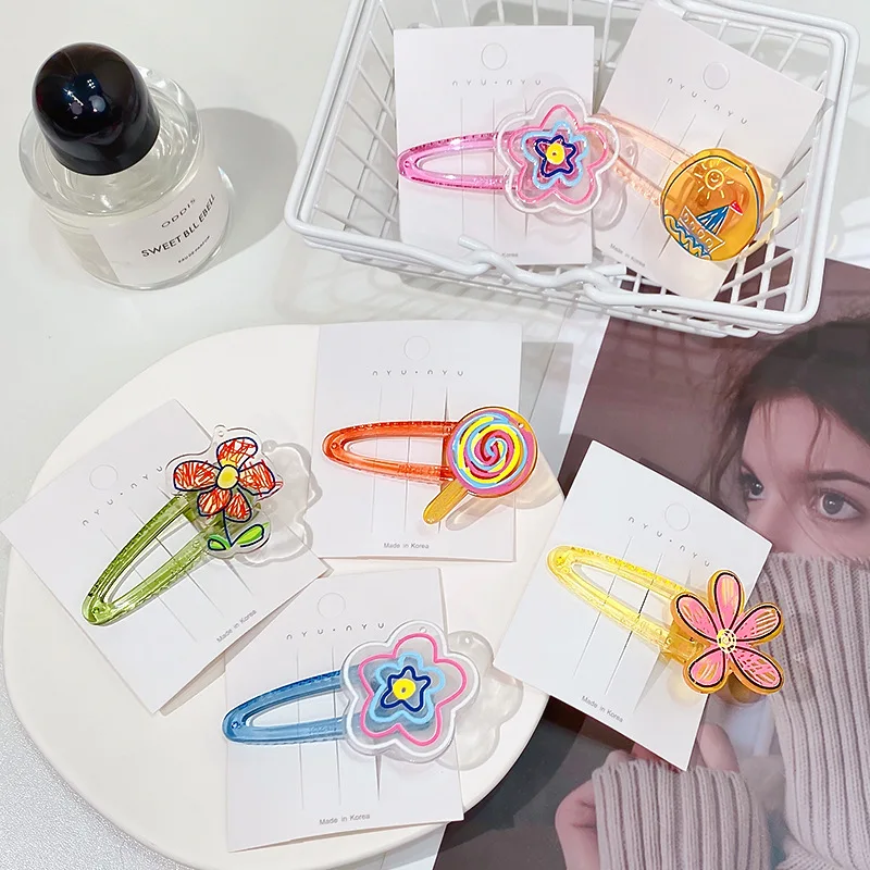 Geometric Cartoon Sweet Cute Girl Candy Color Graffiti Duckbill Clip Acrylic Flower Hairpin Creative Hair Accessories