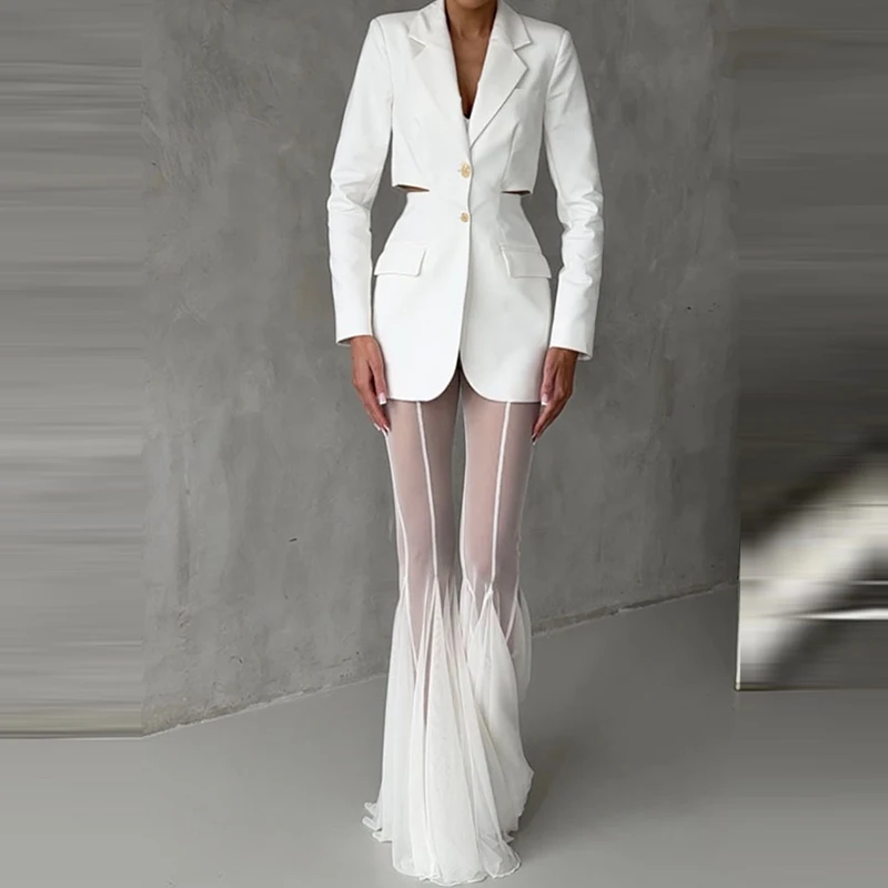 Elegant High Waist Slim Straight Trousers Sexy See Through Mesh Flare Pants for Women Summer Solid Commute Lady Long Pants Mujer