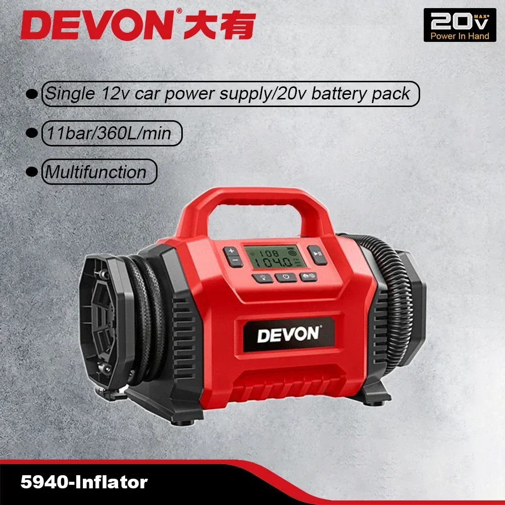 DEVON 20v Cordless Electric Air Pump 5940 160PSI Portable Air Compressor, Fast Inflate Tires of Cars, Motorcycles and Bicycles