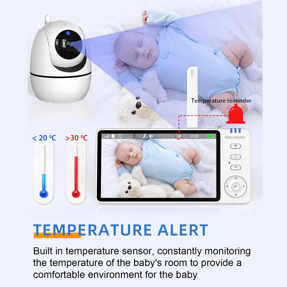 ABM501 Video Baby Monitor 5-inch Breastfeeding Timer Bidirectional Voice Temperature Monitor Music Sleeping Lullaby Baby Monitor