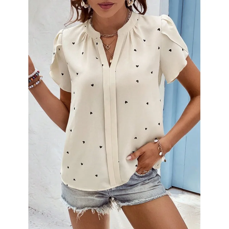 Summer New Elegant Simplicity Loose Casual Versatile Commuter Pullovers V-Neck Spliced Love Petal Sleeve Women\'s Shirt Tops