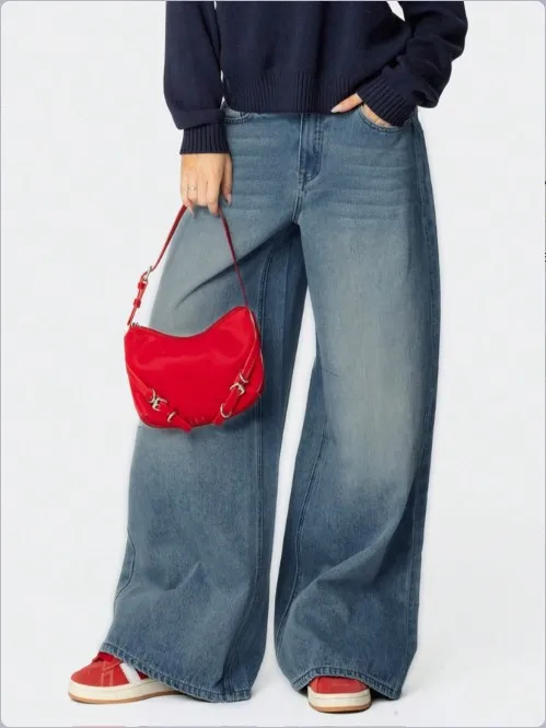 

Women's Jeans Summer New Fashionable Casual Lazy Style Dark Denim Low Waist Loose High Street Versatile Wide Leg Jeans