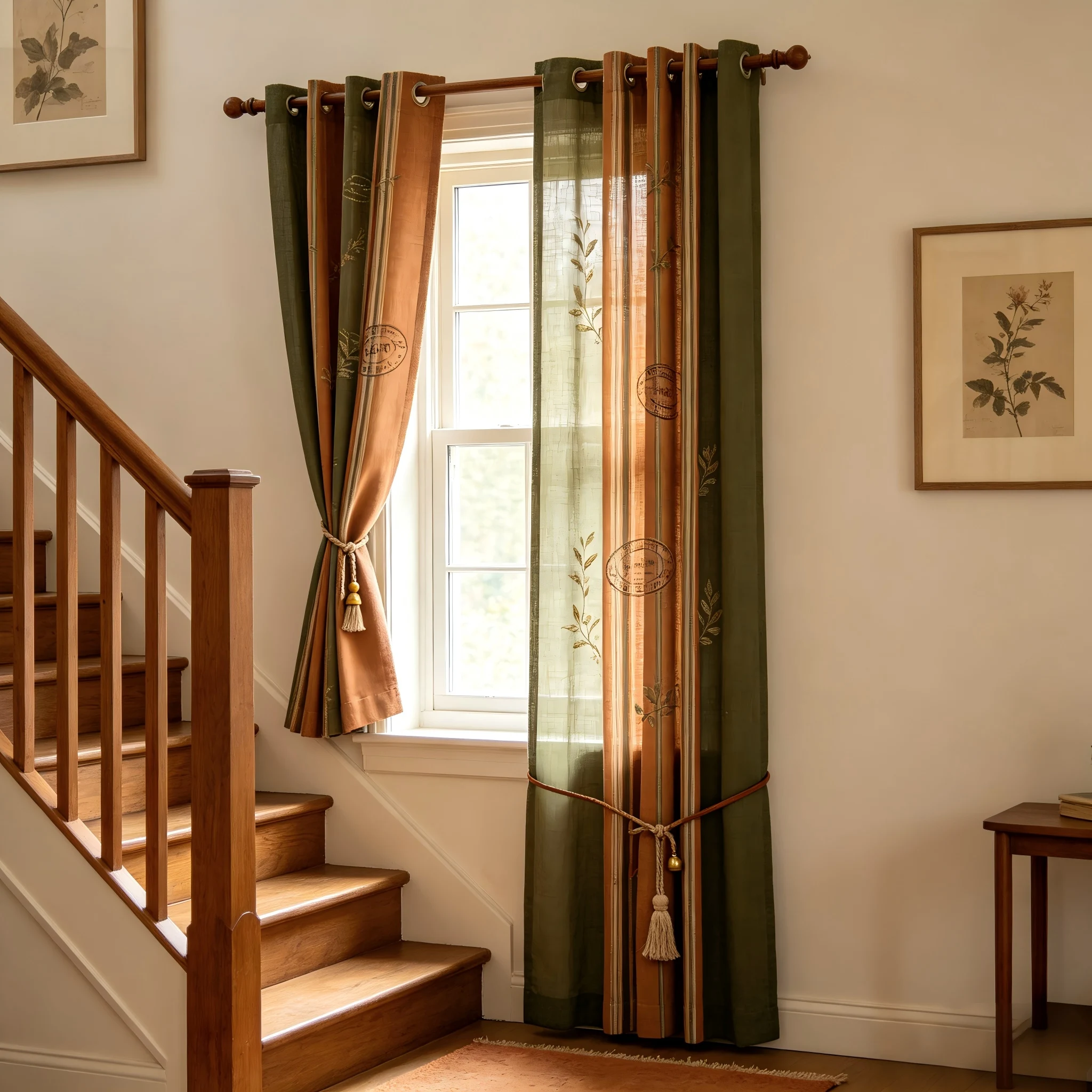 200316    Stairwell Window: Caramel Linen × Olive Green Gauze, Vertical Stripes / Postal Mark Pattern Curtains