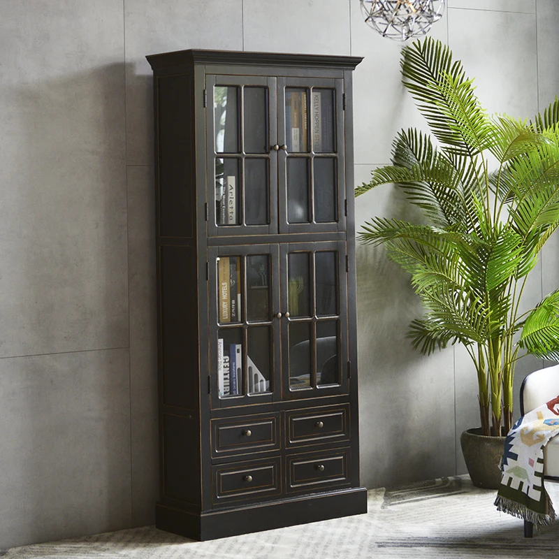 

GZ066 European and American French countryside style black distressed wood mixed bookcase, bookshelf, display cabinet, dining