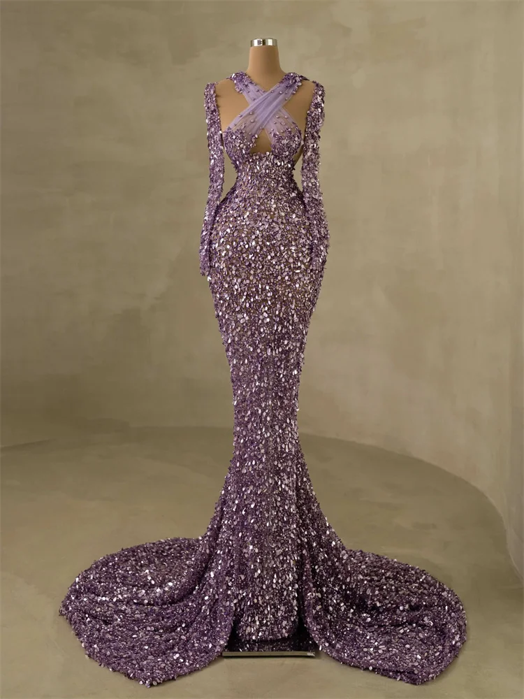

Trumpet / Mermaid High Neck Floor-Length Back Lace Up Sequins Prom Dresses With Applique Dresses For Women Party Wedding Evening