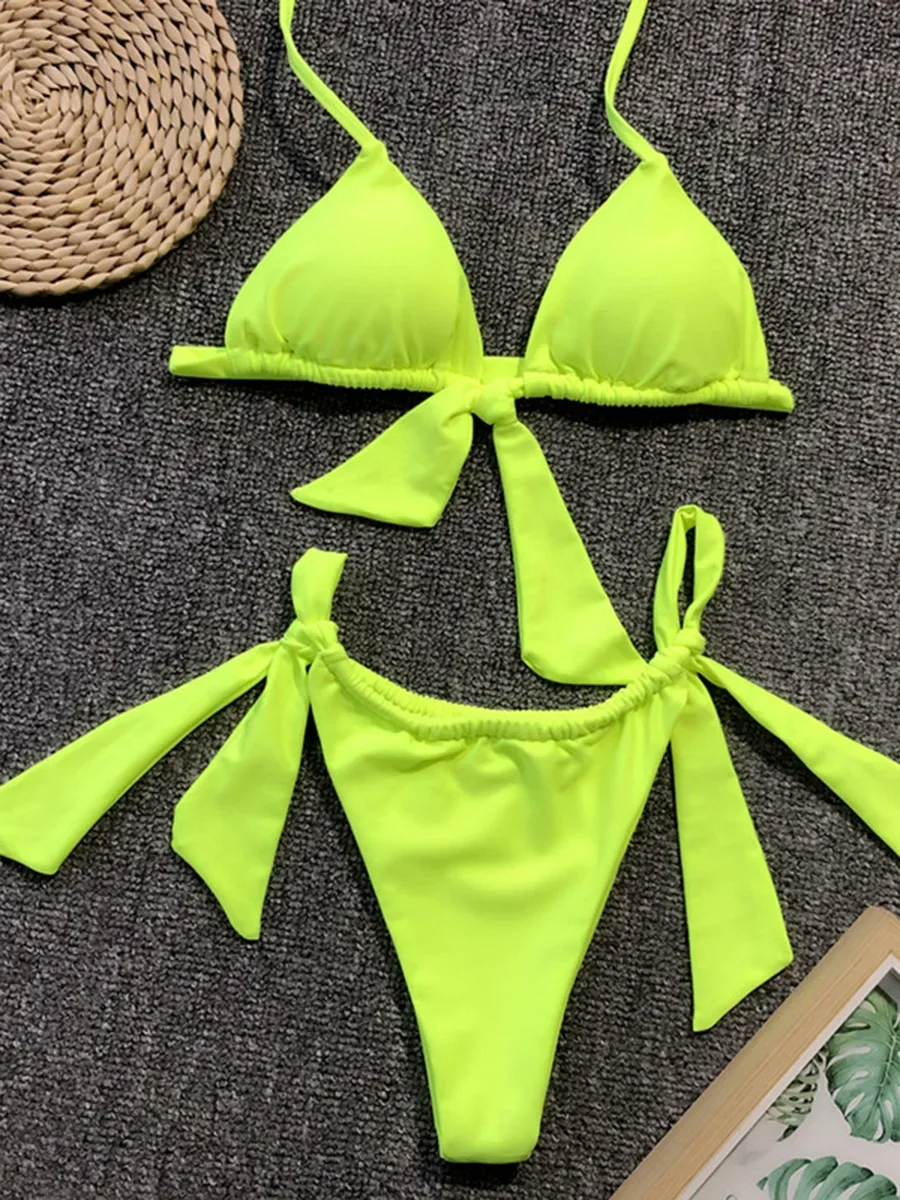 

Neon Green Knotted Halter Bikini Female Swimsuit Women Swimwear Two-pieces Bikini set Sexy Bather Halter Bathing Suit Swim Wear