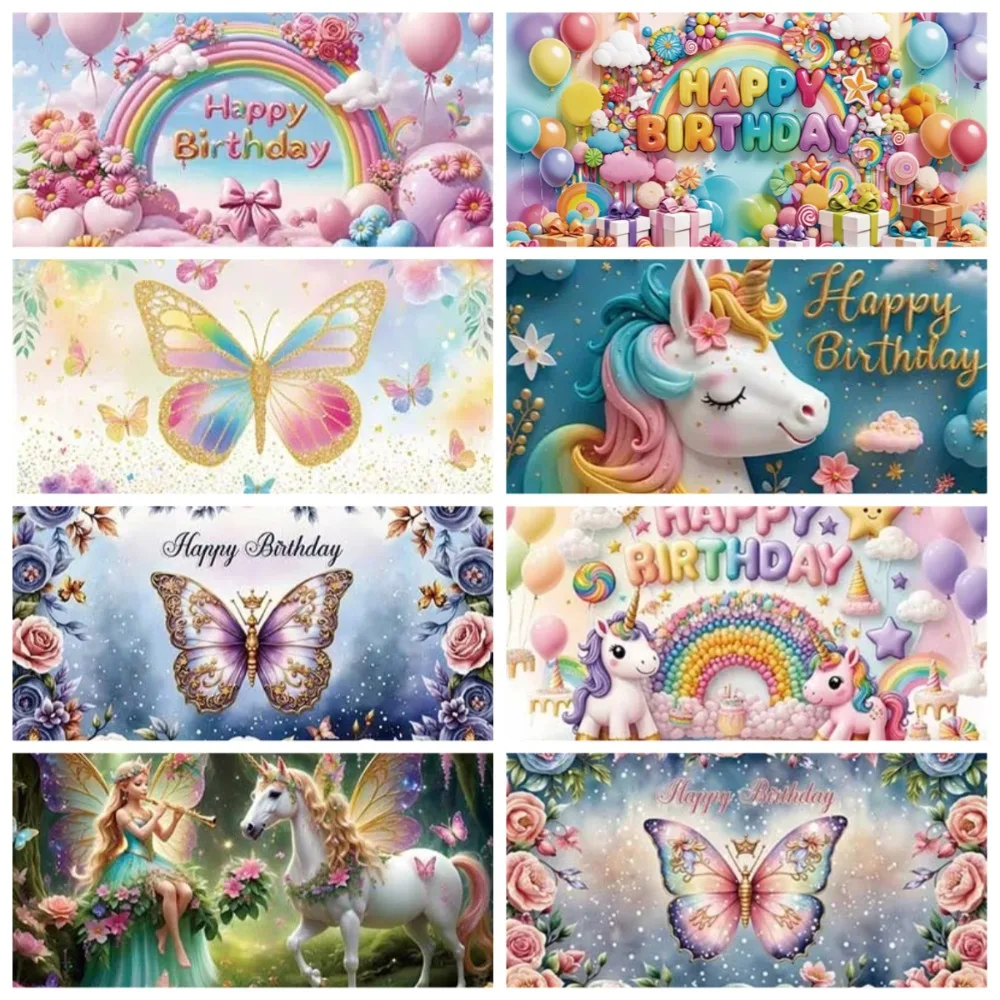 

Butterfly Unicorn Theme Birthday Photography Background Cloth, Children Birthday Party Decoration Photography Studio Background