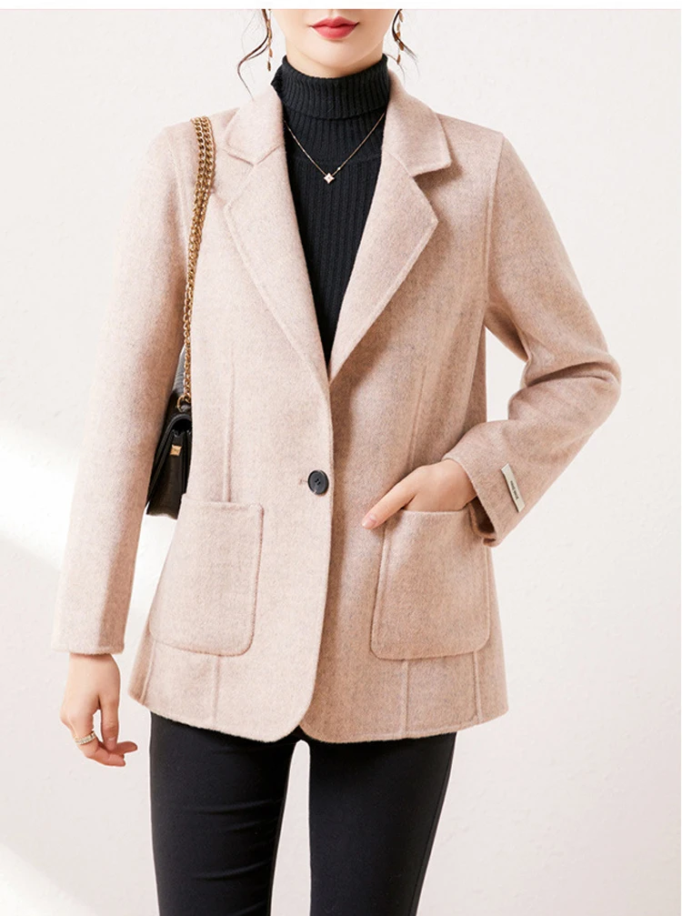 Women's Suit Collar Double-sided Cashmere Wool Coat 2024 Fall Winter Chic Ladies Single Button Loose 100% Woolen Blazer Jackets