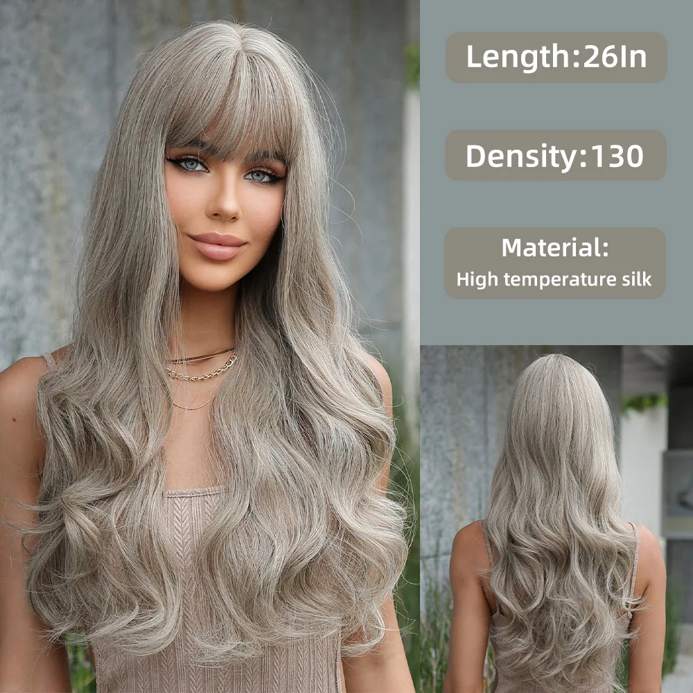 

Wig Female Europe And The United States Fashion Long Curly Hair 26inch Green Wood Gray Qi Bangs Wig Head Set Matte Silk Wig