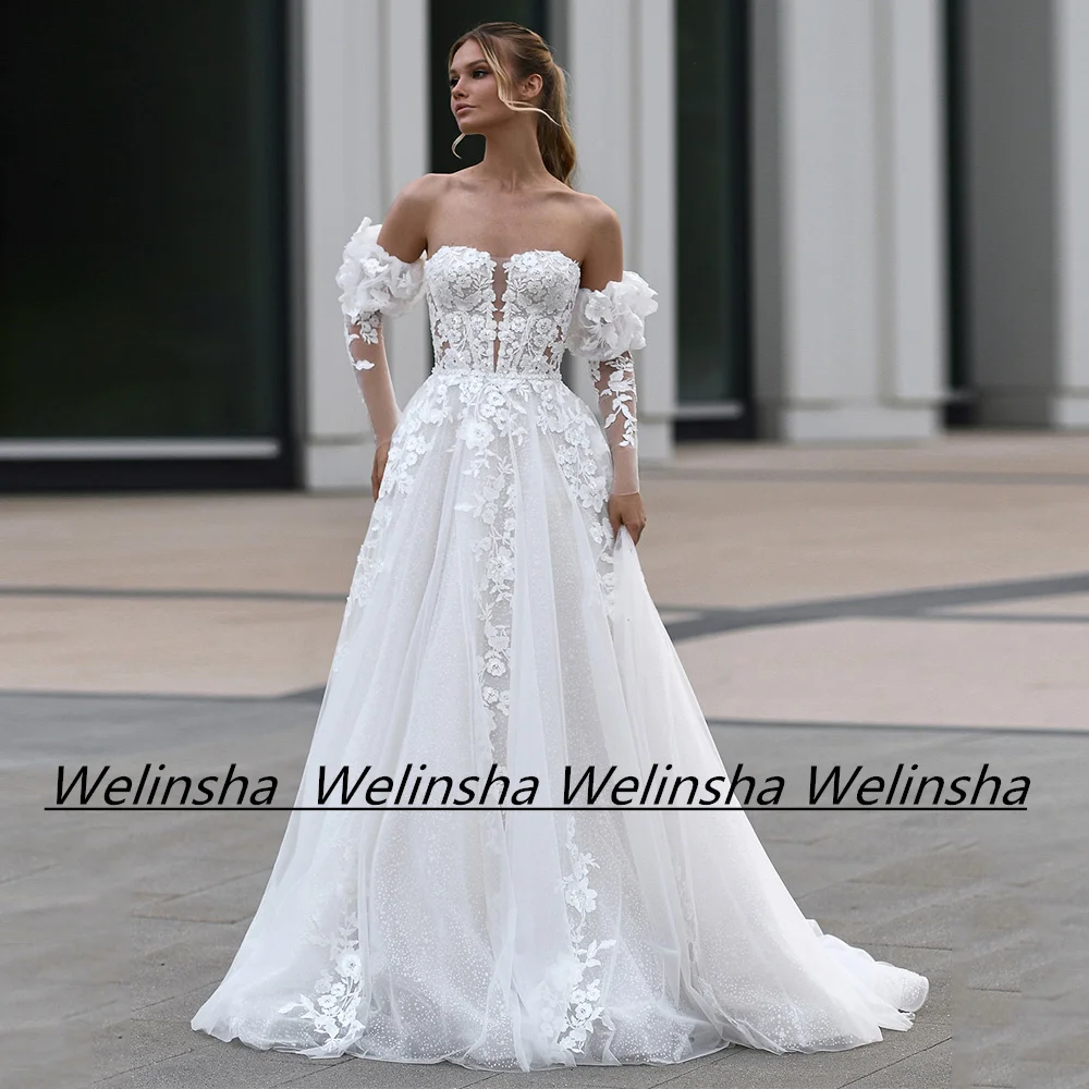 Robe de Mariée en Dentelle à Manches sulfavec Ceinture en Perles, Paillettes, Tulle, Style Boho, avec Traîne de Balayage