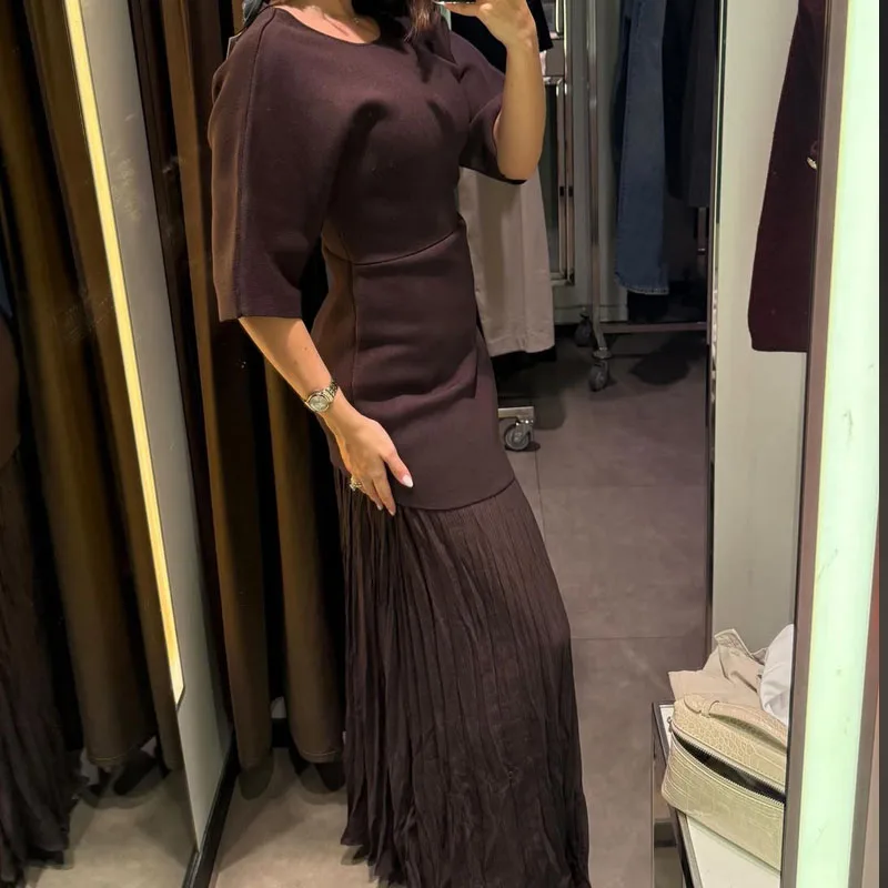 HXAO une pièce femmes robe d'été longue tricotée élégante robes de soirée épissage plis en mousseline de soie à manches courtes décontracté robe féminine