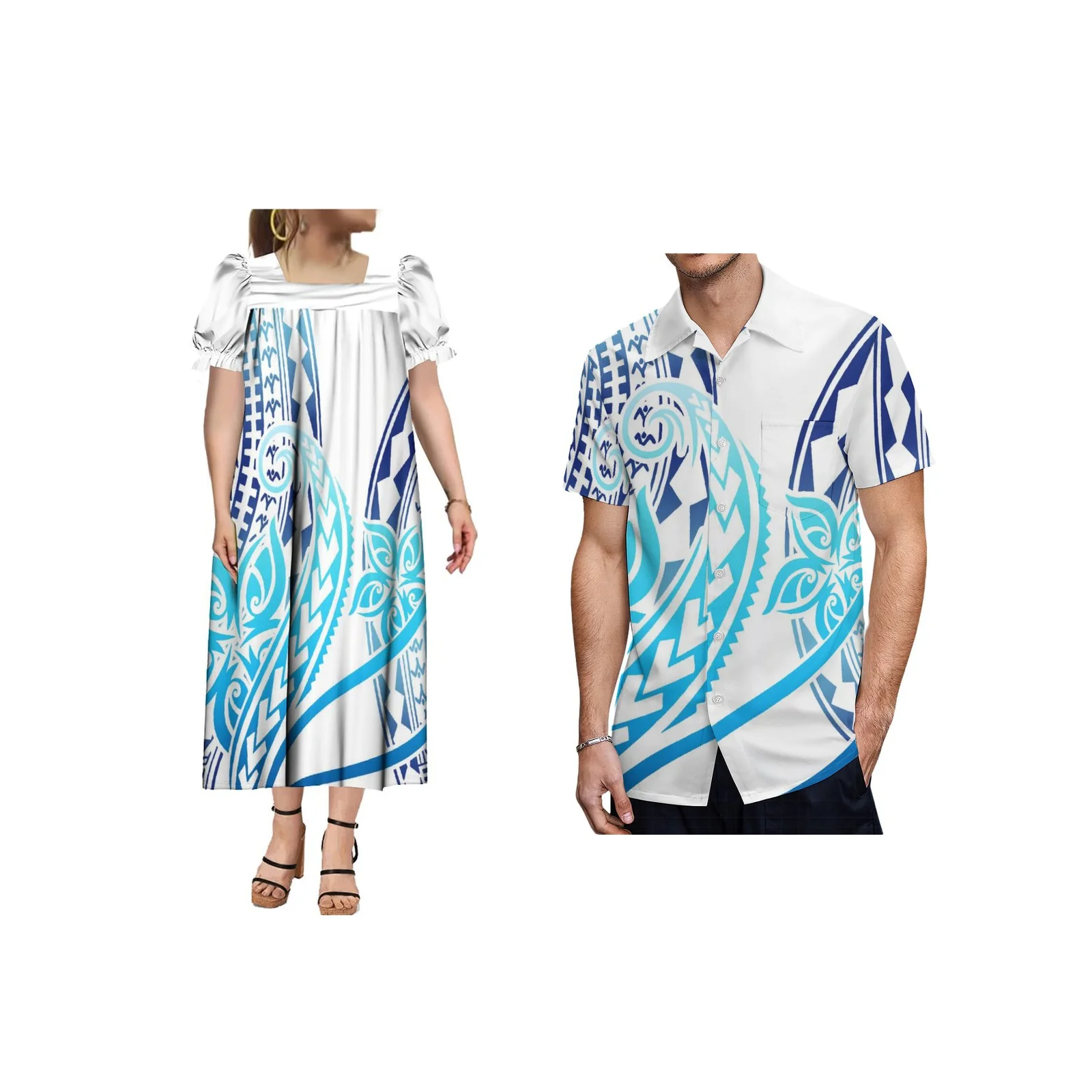 

New Women's Bubble Sleeve Long Dress Polynesian Traditional Men's Shirt Design Summer MUMU Fashion Couple Wear