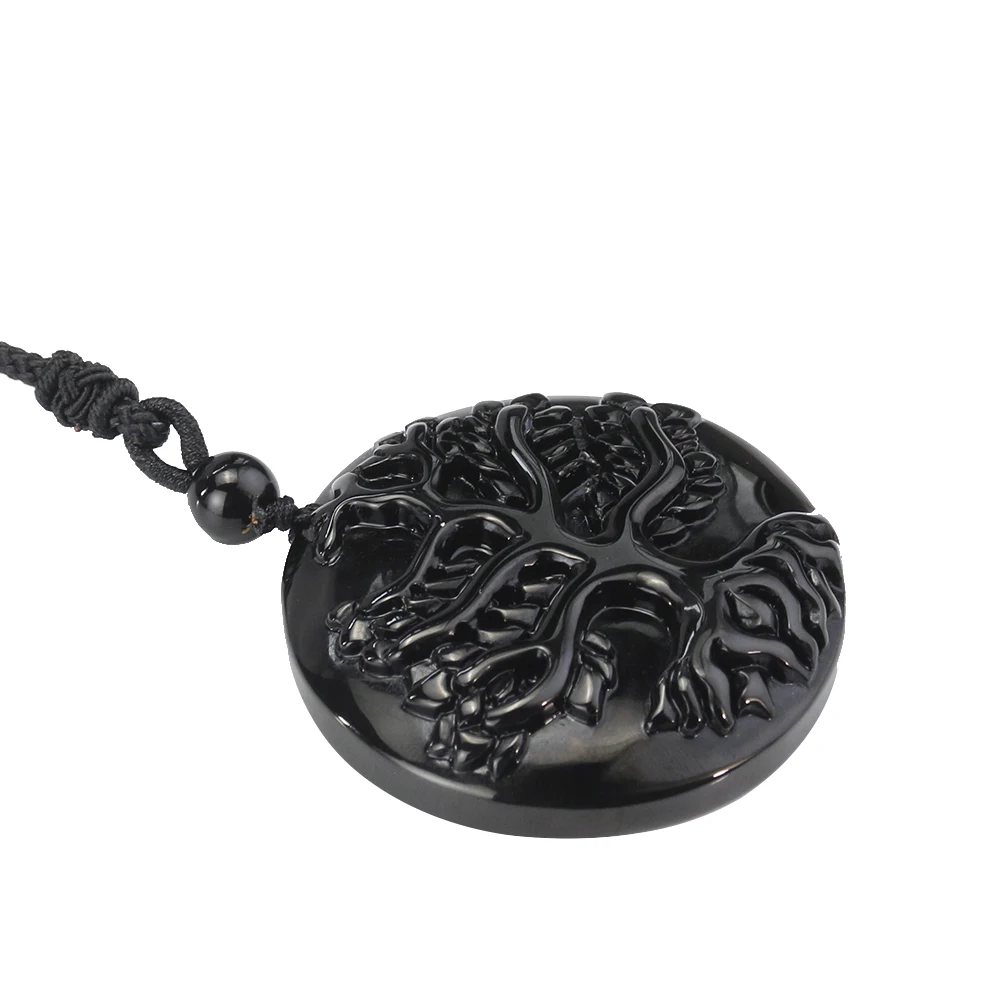 Natural Obsidian Laser Carving Tree of Life Pendant Necklace for Men Women Lucky Amulet Sweater Chain Meditation Jewelry Gifts