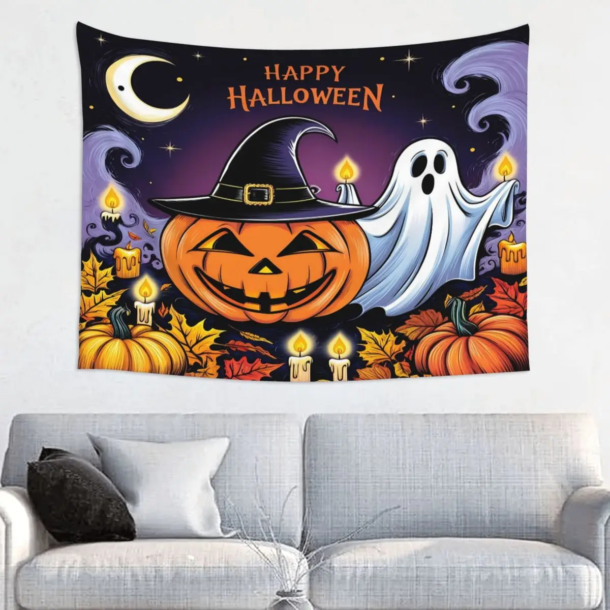 Happy Halloween Ghost Tapestry Wall Hanging Hippie Polyester Tapestries Fall Pumpkin Throw Rug Blanket Room Home Decor Yoga Mat