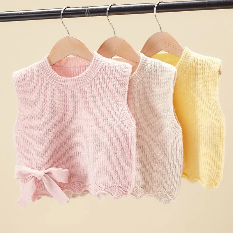 Spring Autumn Baby Pullover Waistcoat Jacket Girls Sleeveless Garment All-match Bow-embellished Children\'s Knitting Vest