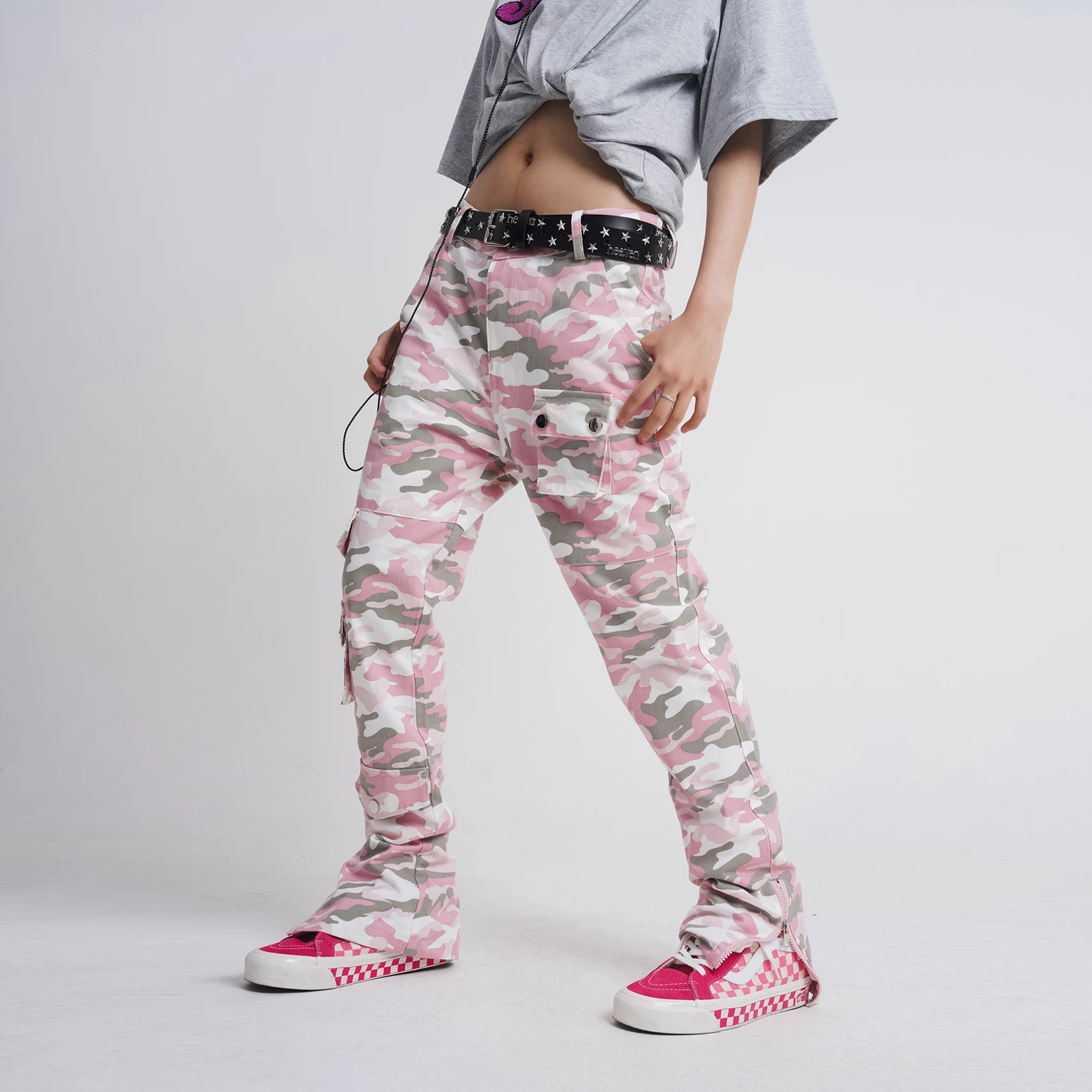 Pantalones Cargo de camuflaje rosa para hombres, ropa de calle de moda, Hip Hop, pantalones multibolsillos con cremallera, pantalones acampanados,