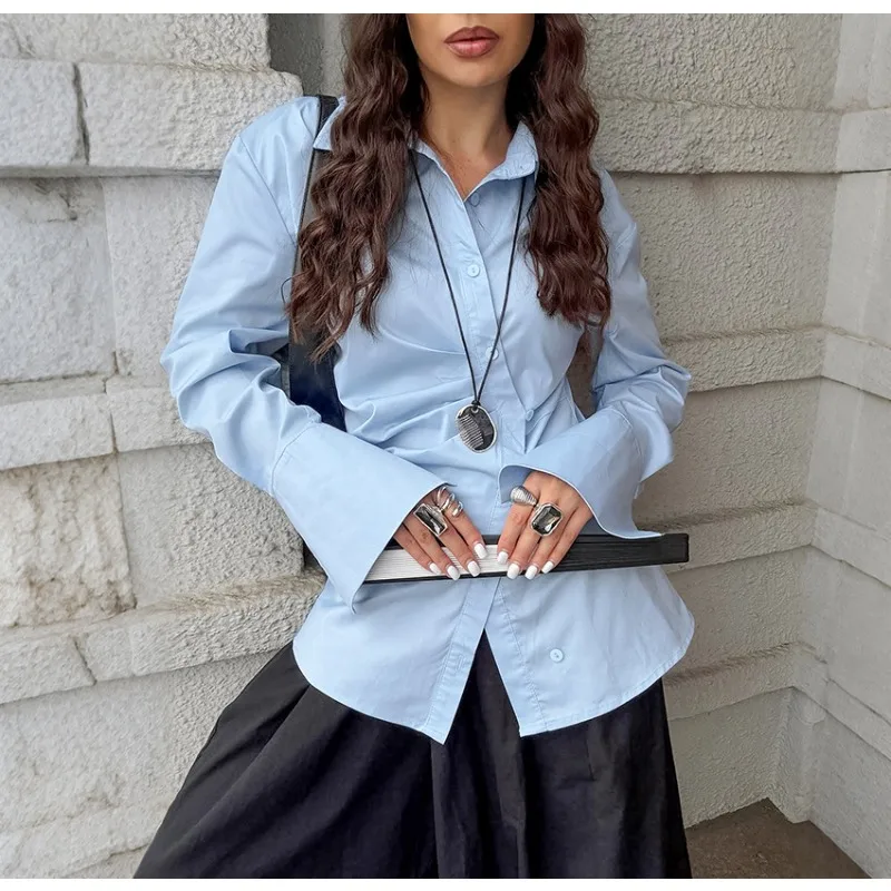 

Fall Women's Clothing - Pure Cotton Design Fashionally Slim-fitting with A Waistline Detail and A Flared Hemline Blouse