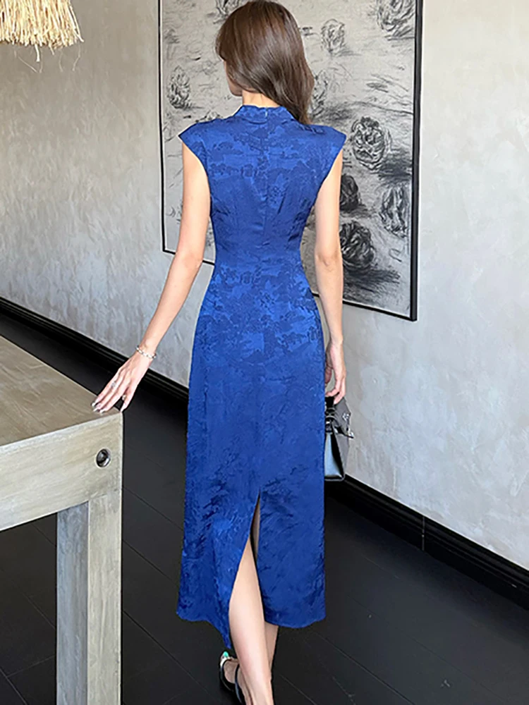 Vestido Midi ajustado plisado de Jacquard azul para mujer, vestido informal elegante para casa, vestido de fiesta de Festival ajustado Vintage coreano 2025