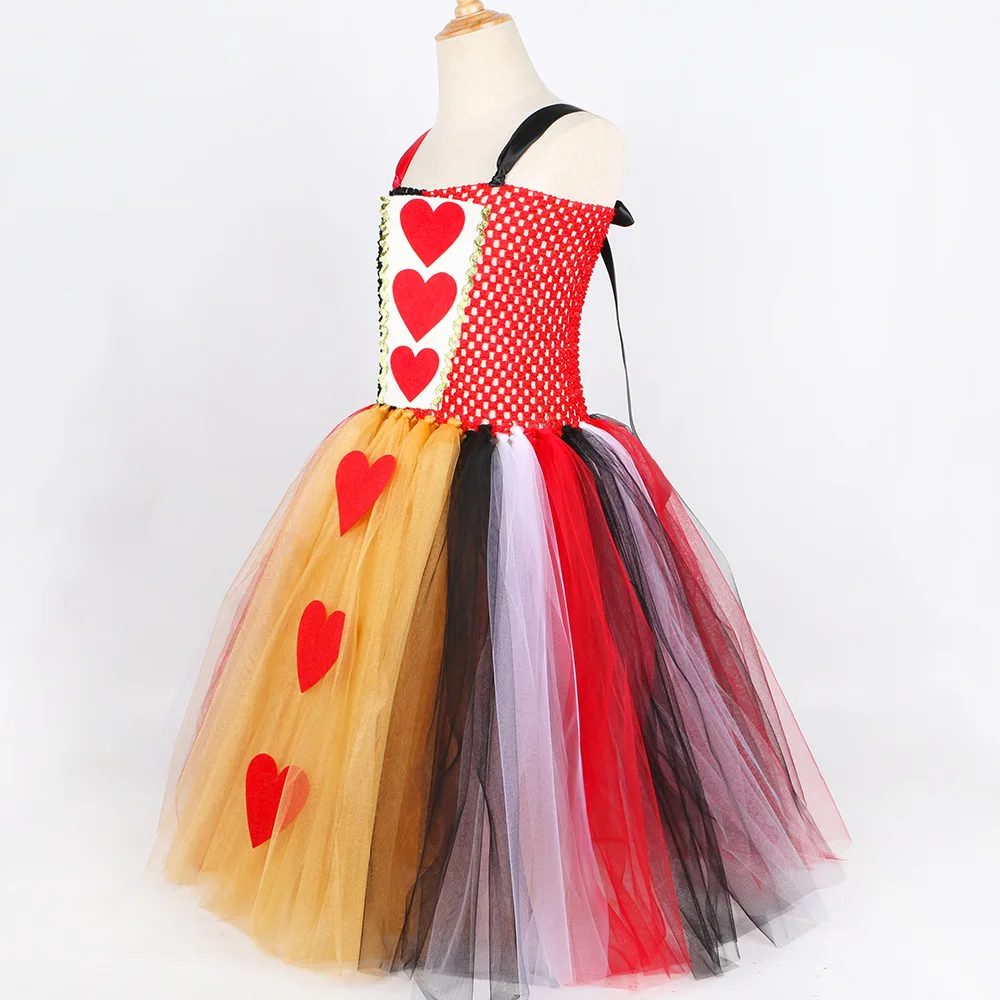 Red Queen of Hearts Costume Girls Tulle Tutu Princess Dress Alice Wonderland Cosplay Carnival Halloween Costume for Kids Clothes