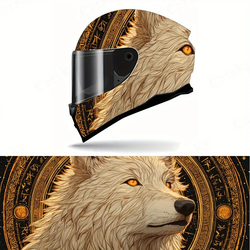 

White Wolf & Ornate Symbols Helmet PVC Protective Sticker, Motorcycle Helmet Exterior Decorative Accessory, Waterproof & Self-ad