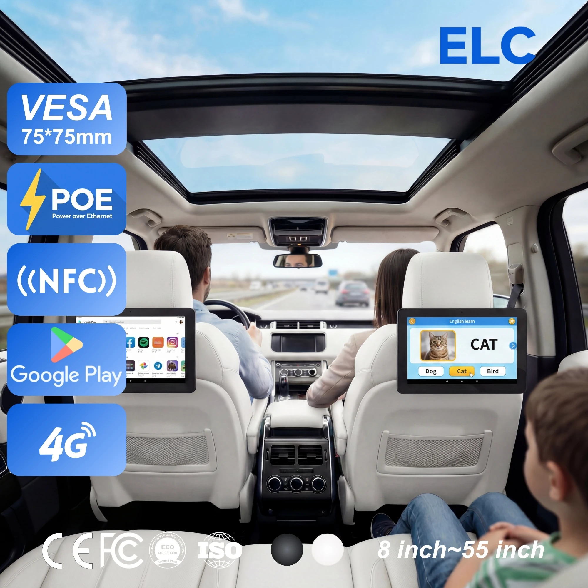 Car Headrest 10.1 Inch POE Digital Signage For Backseat Entertainment And Kids Learning With WiFi 4G Moduel RK3568 TouchScreen