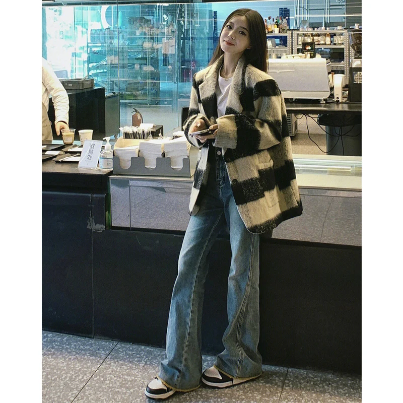 

Офисный женский повседневный клетчатый пиджак, пиджак, свободное контрастное шерстяное пальто средней длины, утепленная верхняя одежда, новая осенняя женская одежда