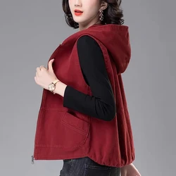 Spring Autumn Women's Vest Coats 2024 New Solid Sleeveless Short Jacket Female Hooded Waistcoat Tops Outerwear Chaleco Mujer 4XL