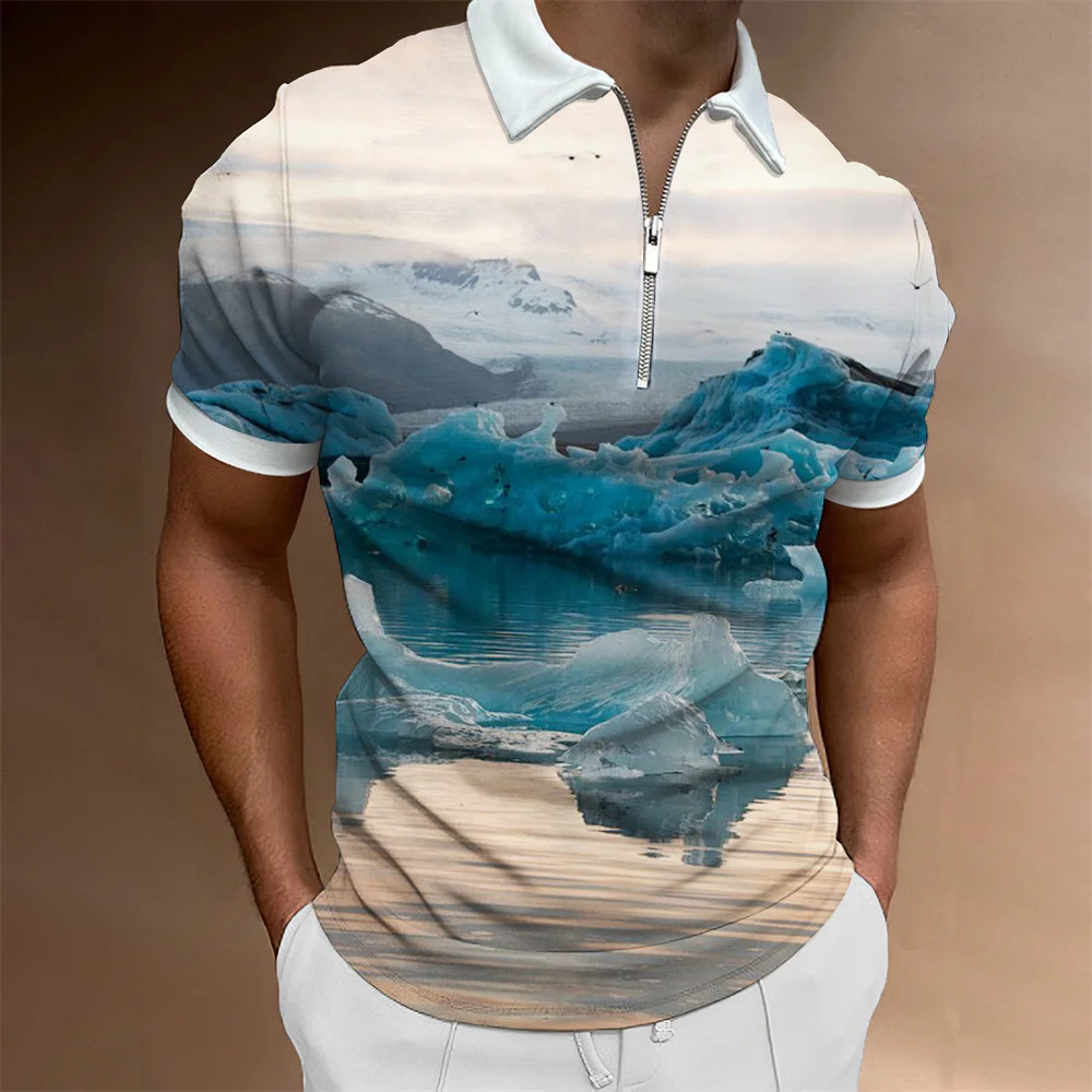 Men\'s Fashion Polo Shirts 2022 Summer Glacier Pattern Zipper Mens Polo Shirt Solid T-shirt Brand Short-sleeved Shirt Casual Tops