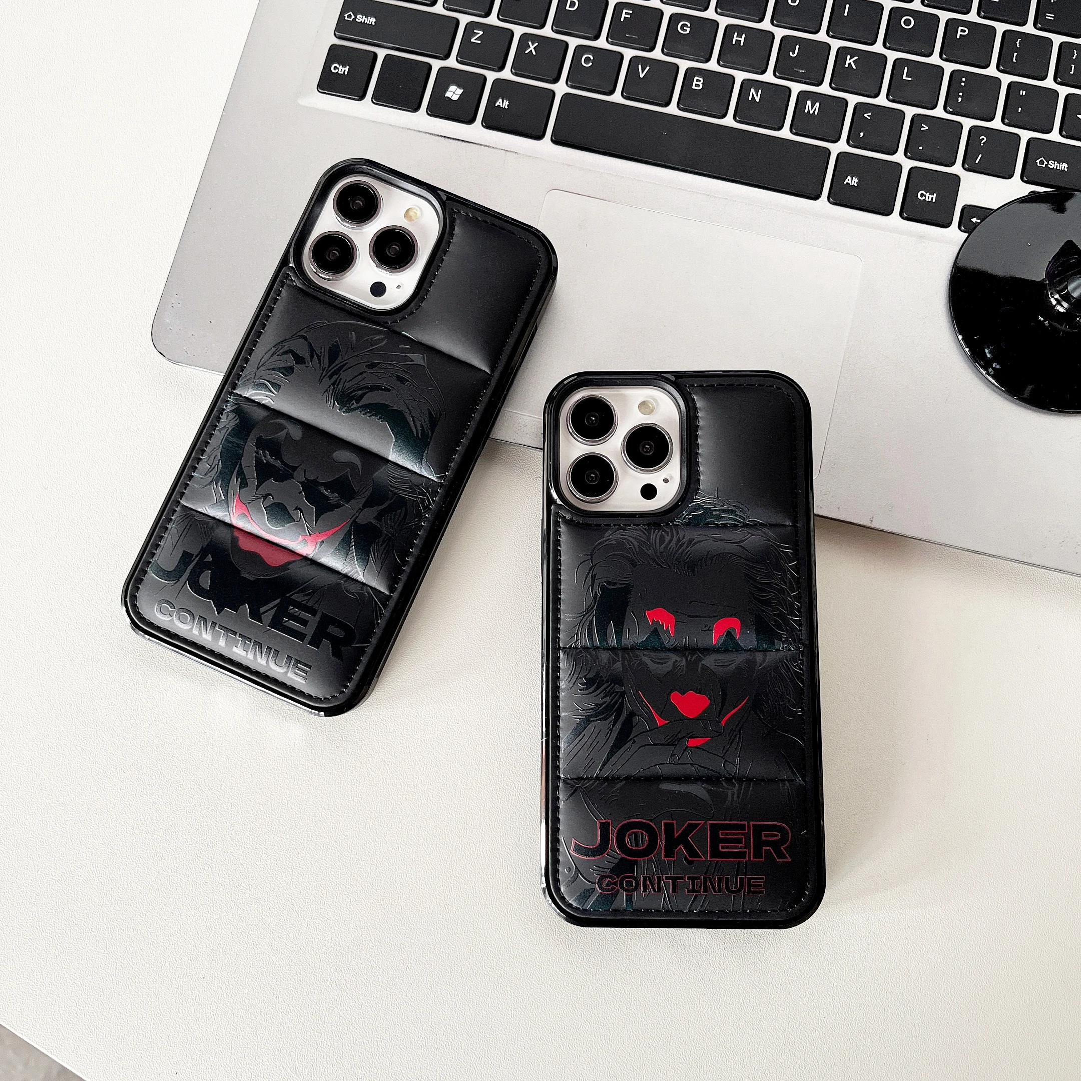 

Cool cartoon clown iPhone 11 12 13 14 15 16 Pro Max Plus mini X XR black down jacket phone case