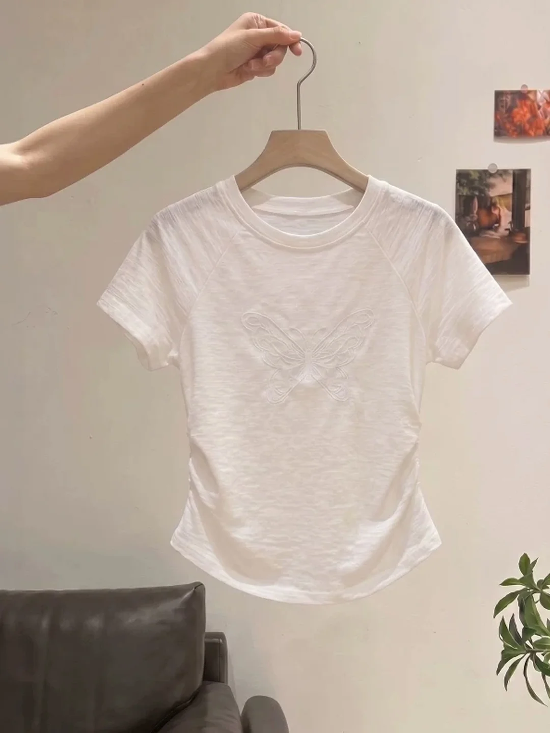 White  Embroidery Short Sleeve T-Shirt Women's Summer New Design Slim Fit Korean Style Top Breathable Skin-Friendly