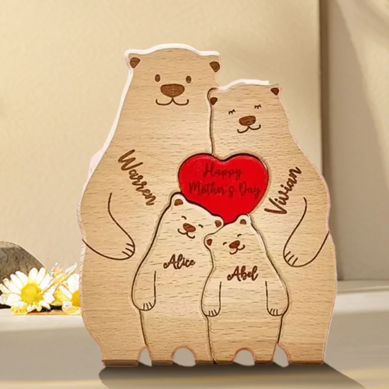 Personalized Wooden Art Bear Puzzle for Families Free Customization Name Family Anniversary Holiday Warm Gift Home Decoration
