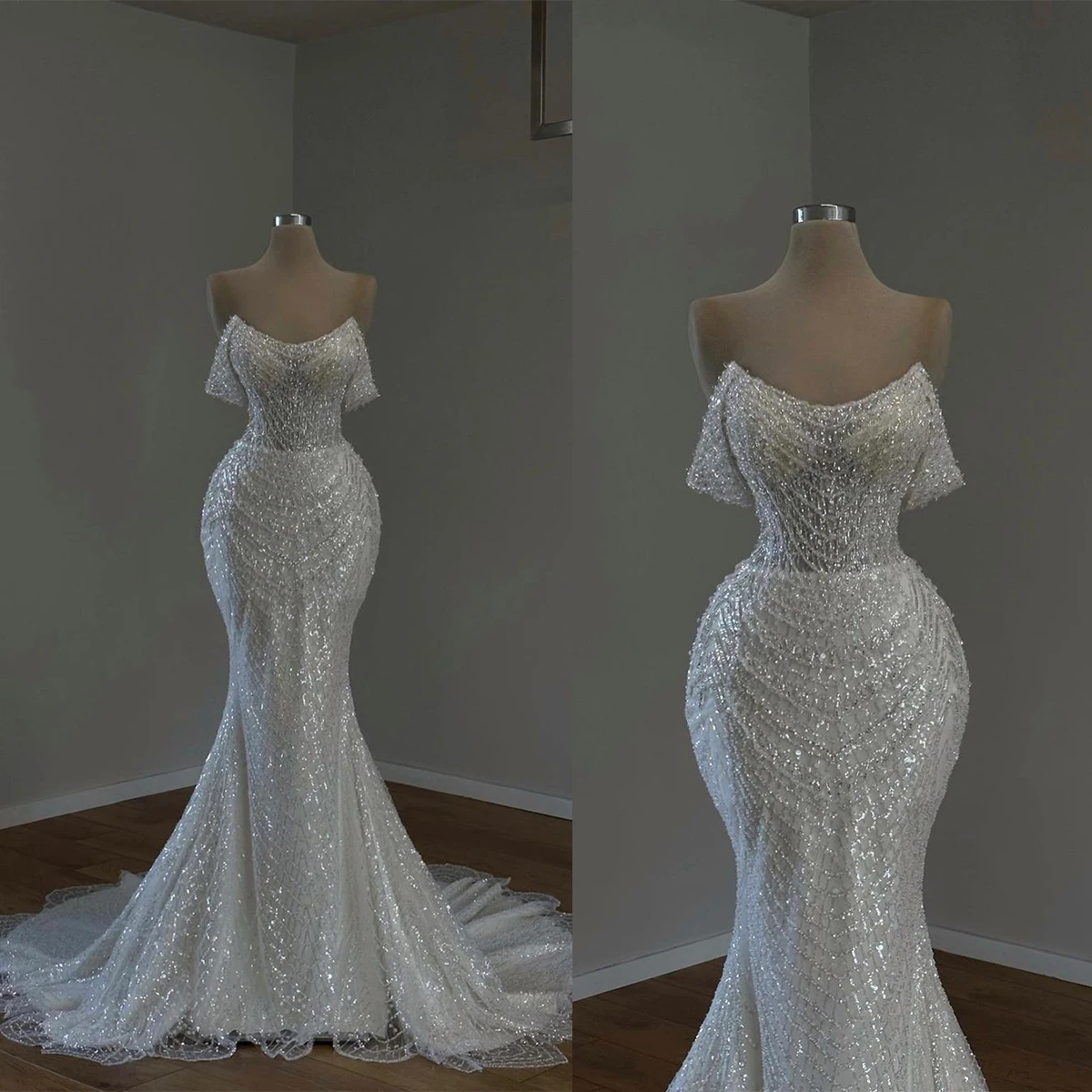 

Sparkle Mermaid Wedding Dress Illusion Off Shoulder Bodice vestido de noiva Short Sleeve Sequined Bridal Gowns